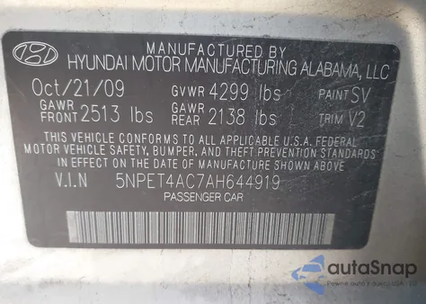 2010 Hyundai Sonata Gls z USA, uszkodzony, nr VIN 5NPET4AC7AH644919